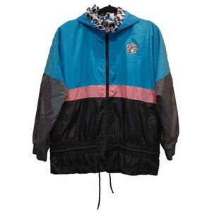 Buccee's Hooded Windbreaker Adult Med Color Block Leopard Drawstring Waist